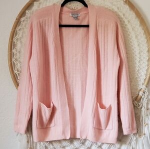Vintage Lambswool Angora Cardigan Soft Pink Ribbed Sweater Size M